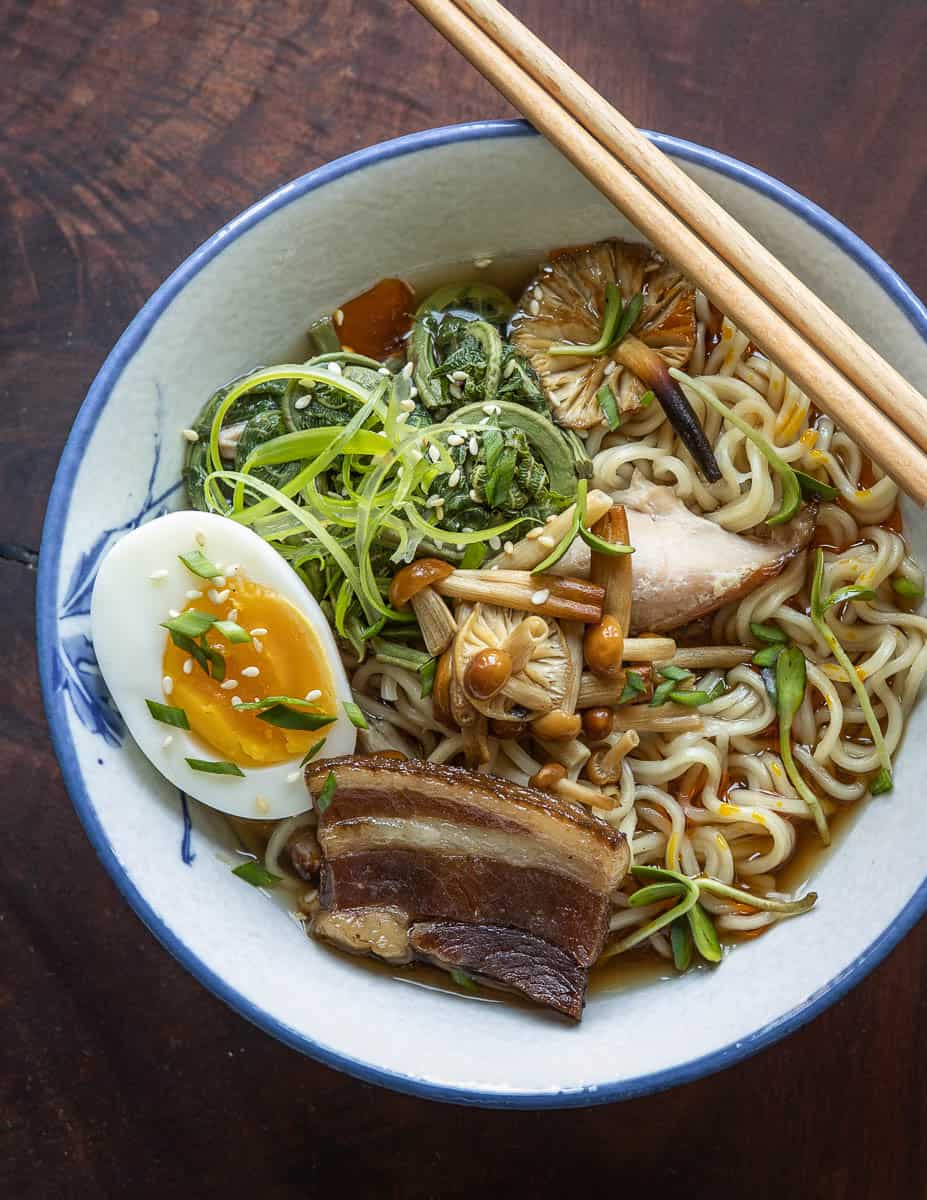 Enoki mushroom ramen with chicken, lobster stock and pork belly 