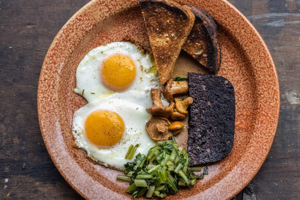 Blood Sausage Cake with eggs and mushrooms