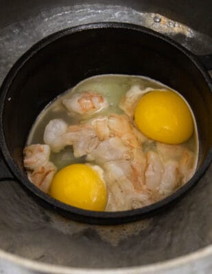 Eggs de Gaulle with morels and shrimp
