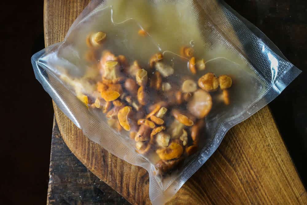 Fermented chanterelle mushrooms in a vacuum bag