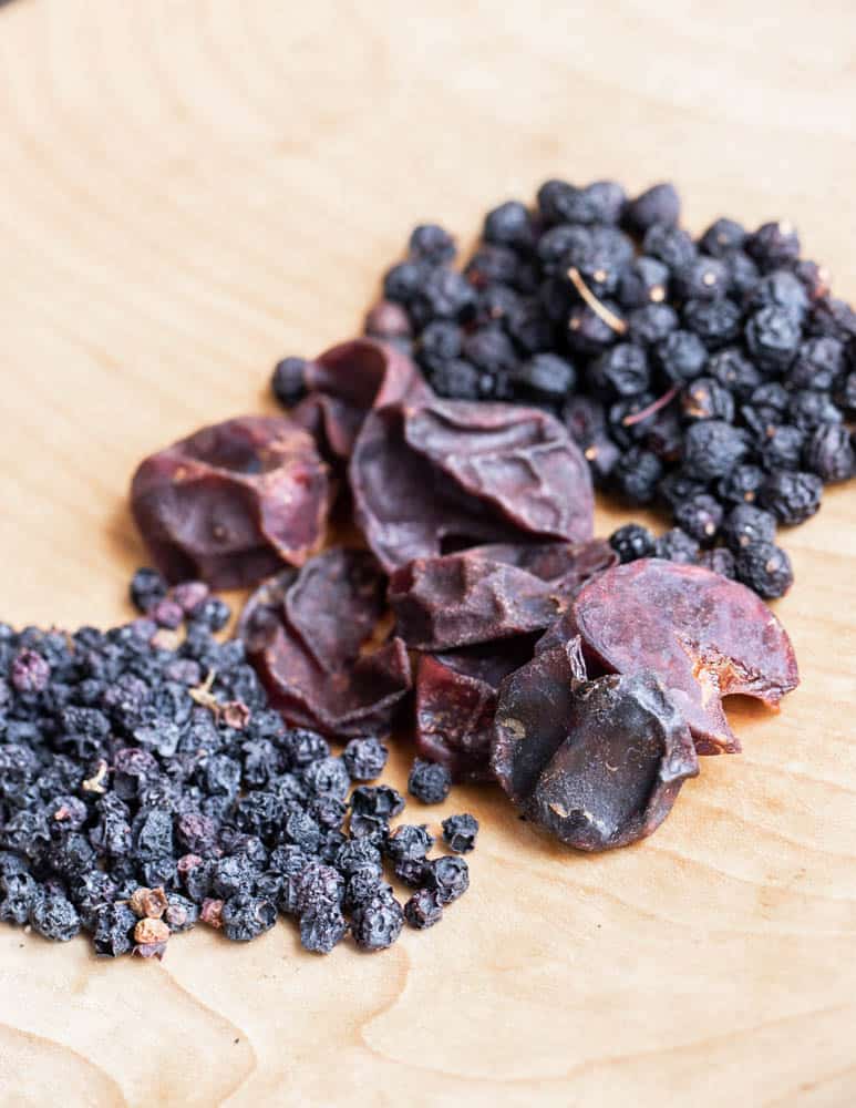 Dried wild blueberries, plums, and chokecherries