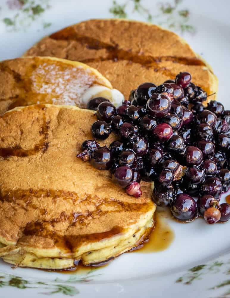 Pine pollen pancakes with mugolio pine cone syrup and wild blueberries