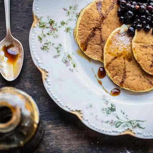 Cattail Pollen Pancakes with Conifer Syrup and Berries