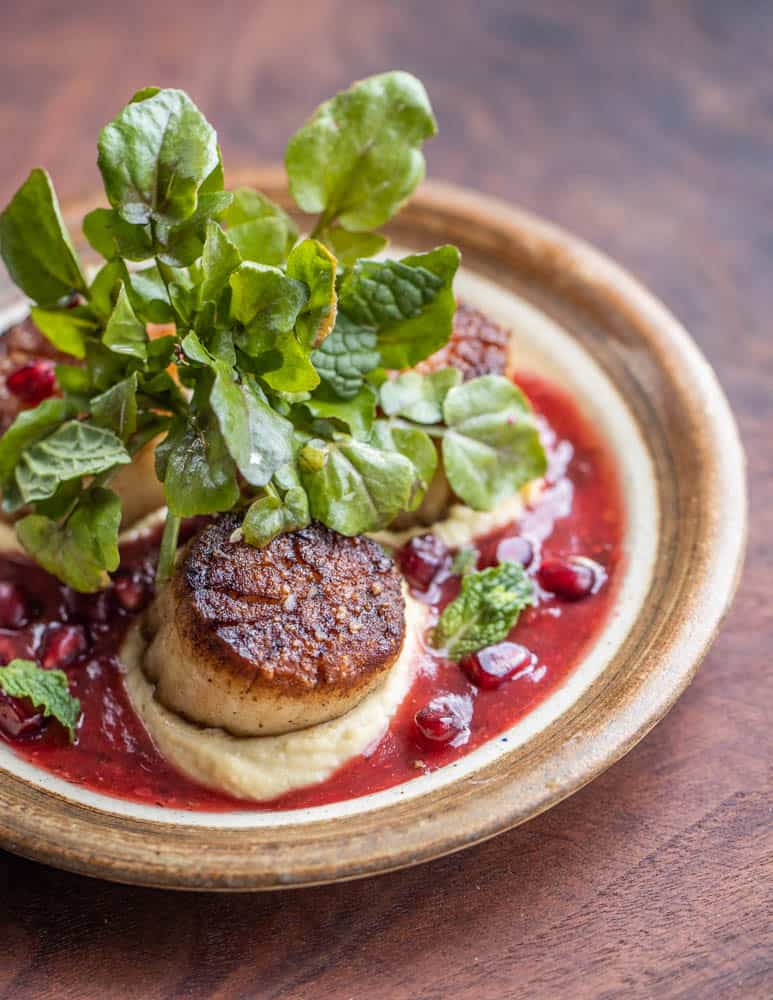 Seared scallops with highbush cranberry sauce, watercress, mint, pomegranite, and hummus