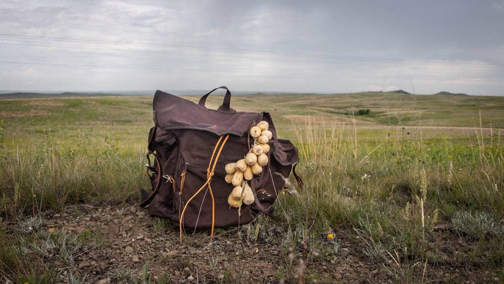 timpsila or prairie turnip braid on a backpack 