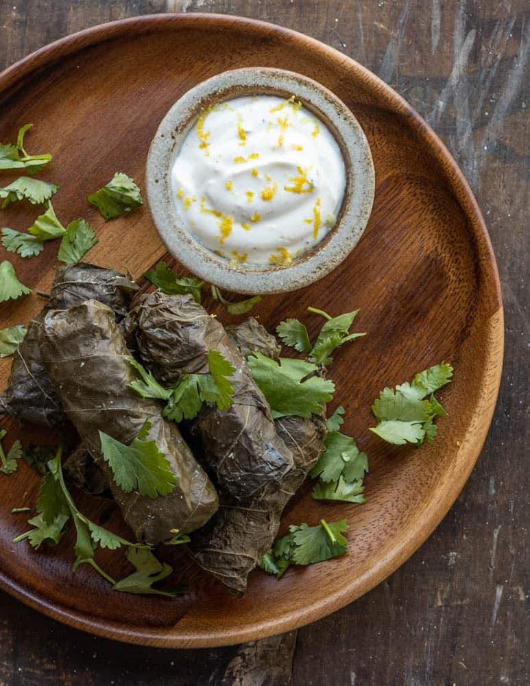 Mushroom duxelles and wild rice stuffed grape leaves