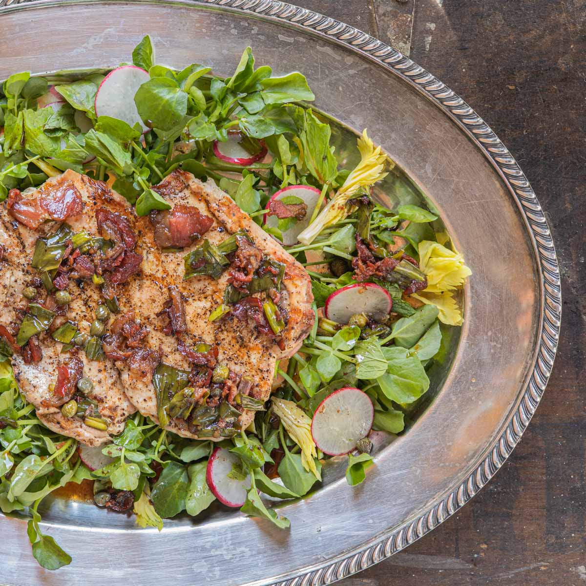 Grouse Scallopinni with Venison Bacon Vinaigrette and Watercress