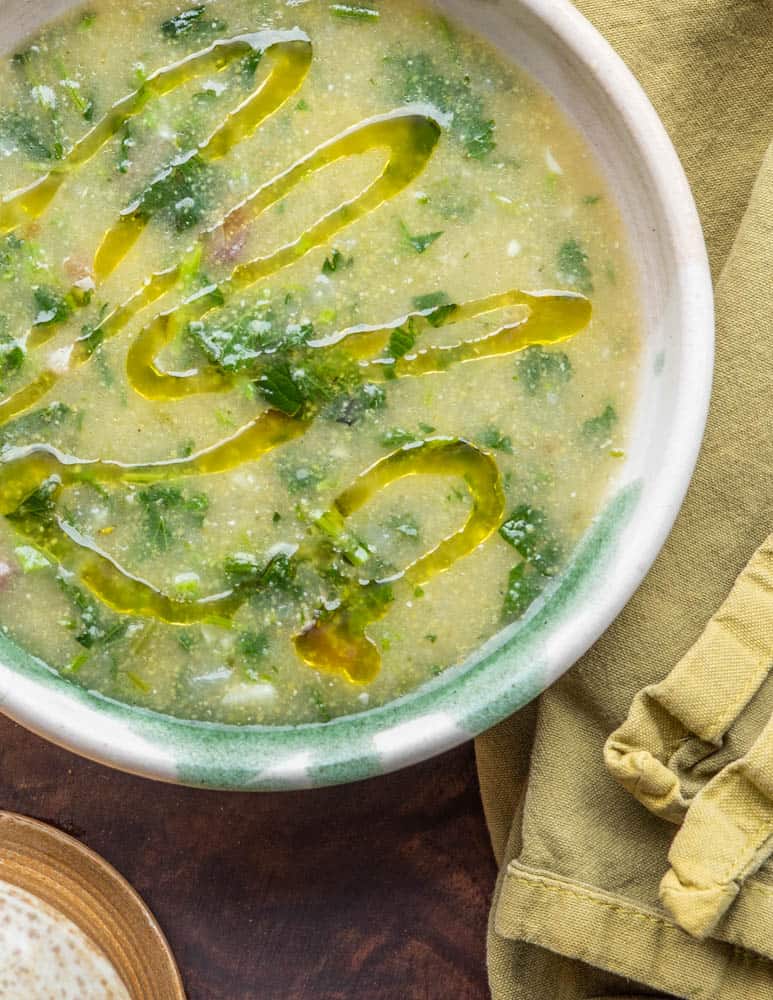 ortiga soup in a bowl with ham 