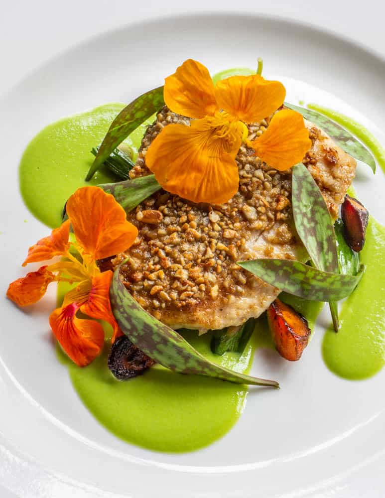 Sunflower crusted whitefish with pea puree and trout lily recipe