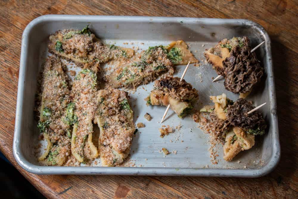 Rolling morel mushrooms with garlic herb butter and breadcrumbs recipe