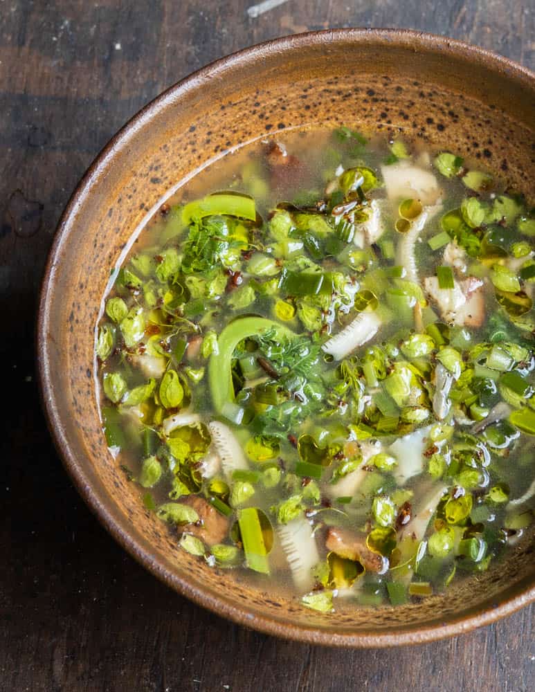 Pheasant back mushroom soup with fiddleheads and elm samaras recipe