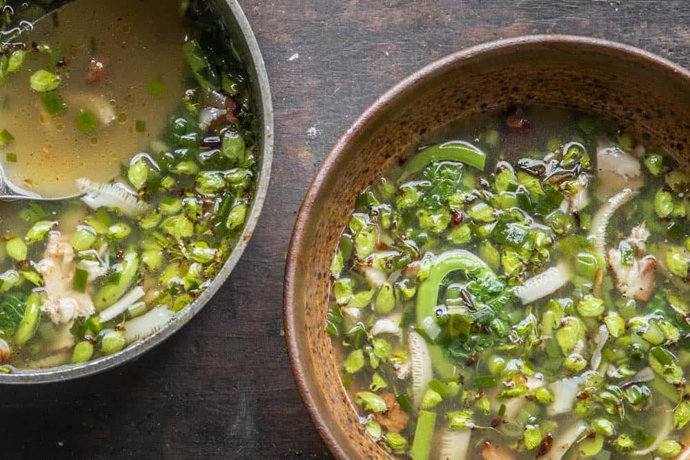 Pheasant back mushroom soup with fiddleheads and green garlic recipe