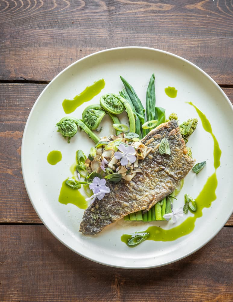 Trout with pheasant back mushrooms, spring shoots and ramp oil