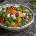Wild Greek salad recipe with purslane, stonecrop, bergamot flowers and grape tendrils