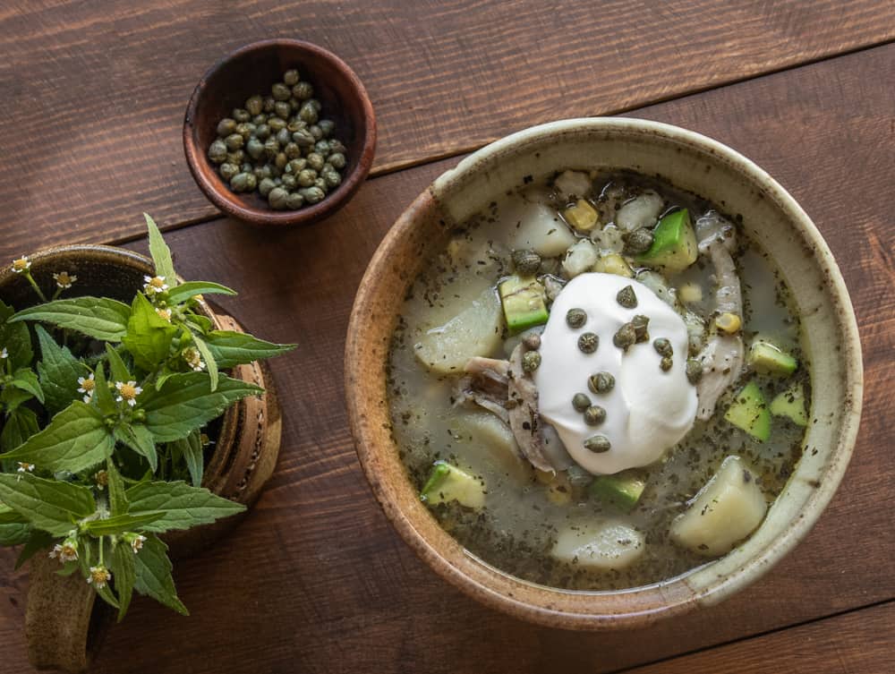 Ajiaco with turkey and guascas or dried galinsoga