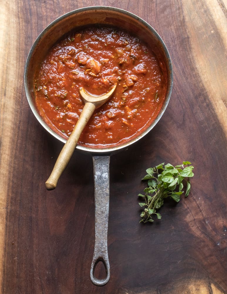 Puffball mushroom pasta sauce or wild mushroom ragu in a pot