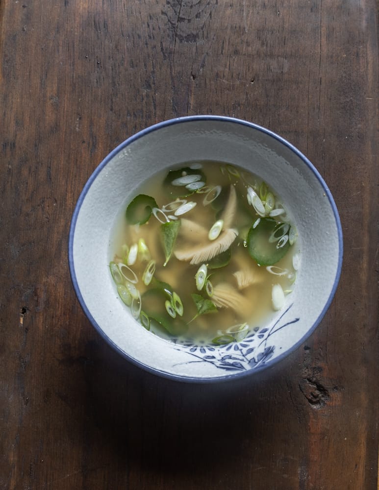 Miso soup with Amanita muscaria fermented mushroom pickles