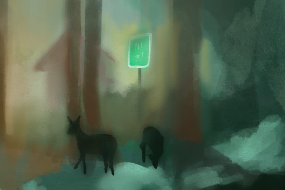 Deer in an urban setting by artist Xee Reiter