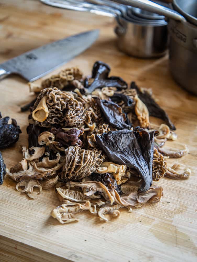 Rehydrated dried morels, black trumpets, honey mushrooms and Gyromitra korfii