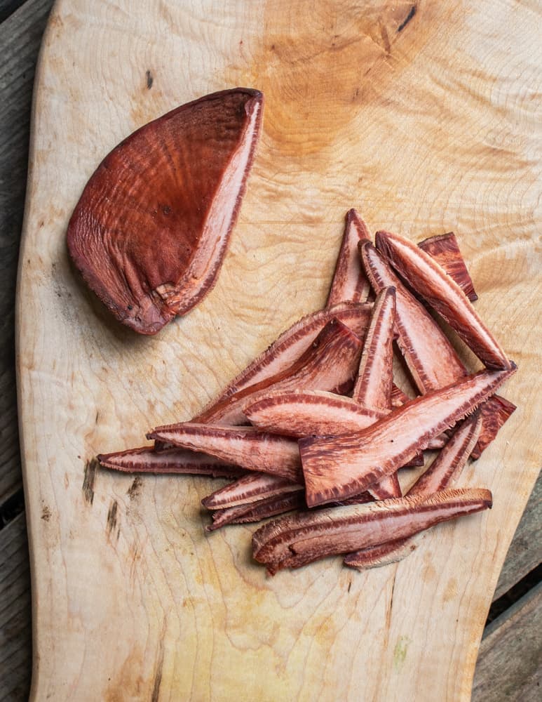 Sliced beefsteak mushrooms or Fistulina hepatica