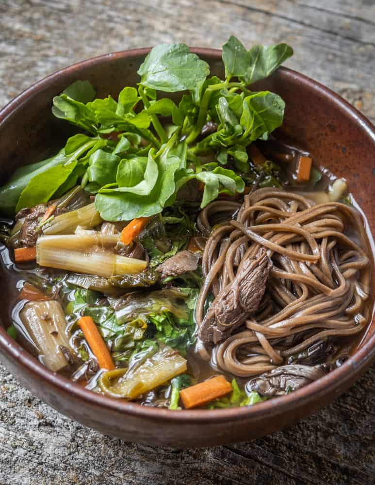 Pigeon noodle bowl with dried shaggy parasol mushrooms 