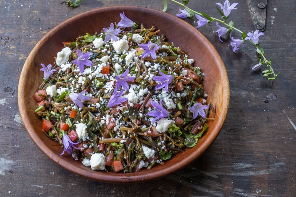 Cooked purslane salad with tomatoes, feta cheese, olive oil, lemon and herbs garnished with creeping bellflower