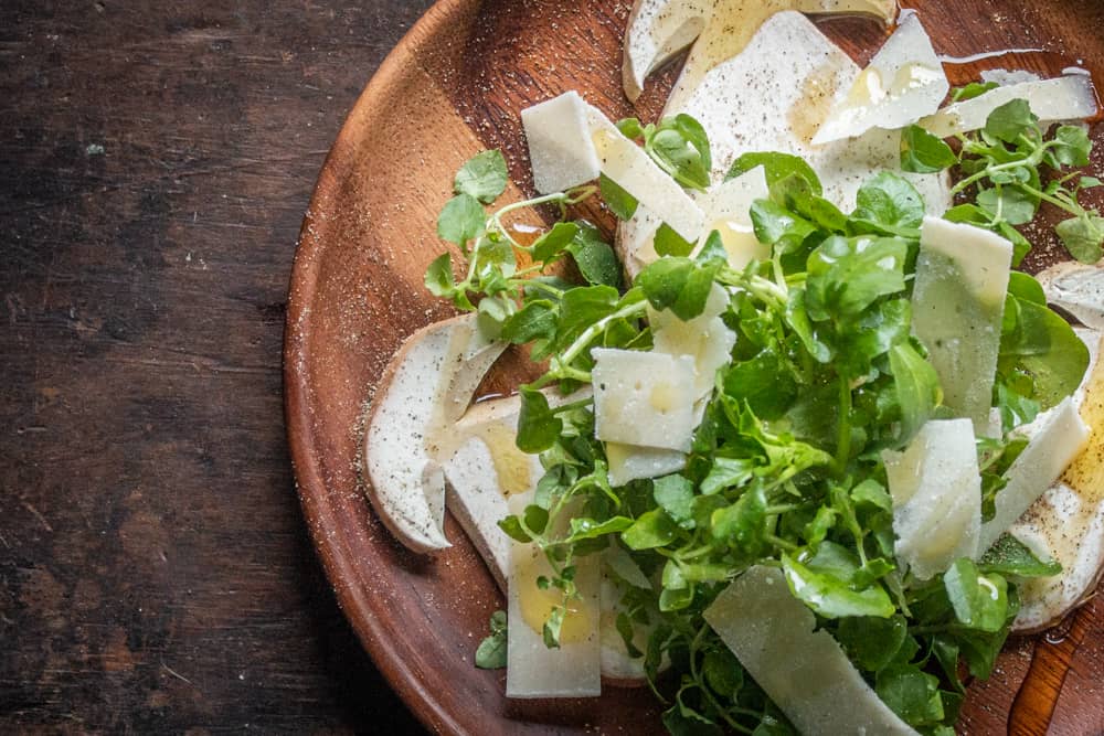 Raw porcini salad with chickweed, watercress and parmesan