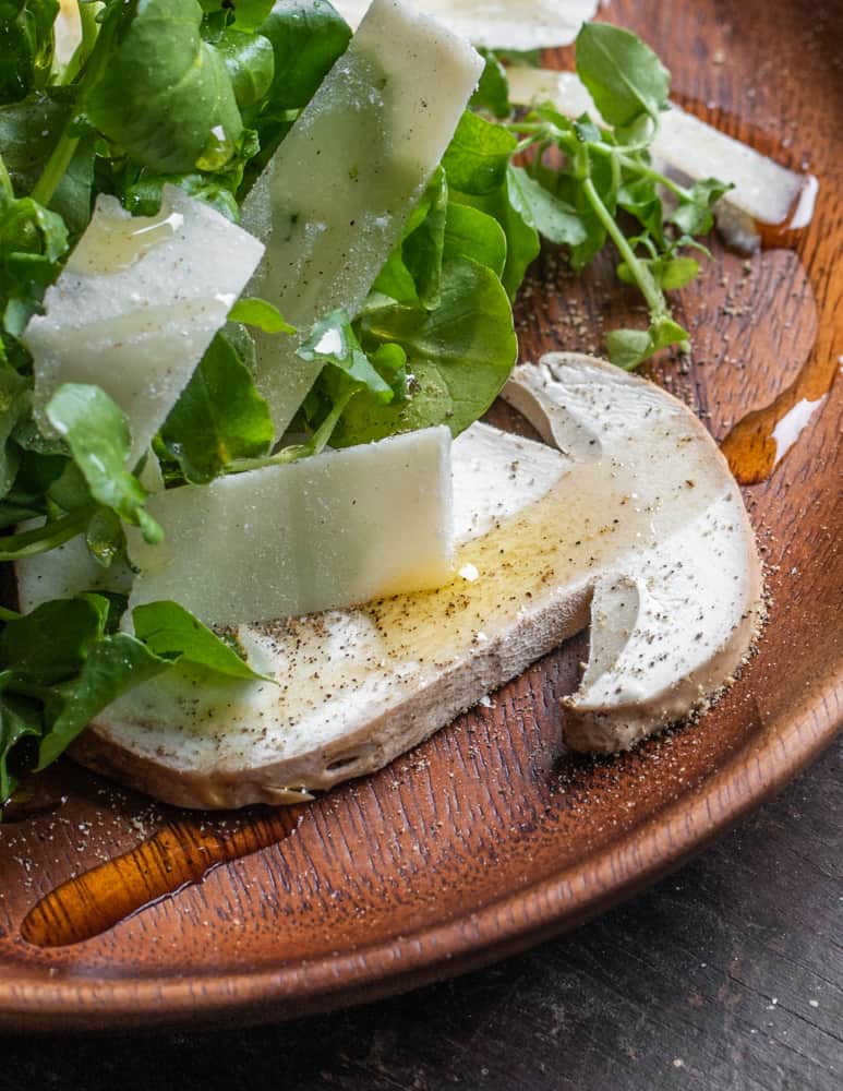 Raw porcini mushroom salad with chickweed, watercress and parmesan