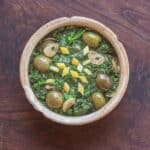 Bakula, Mallow and purslane with olives, garlic and preserved lemon