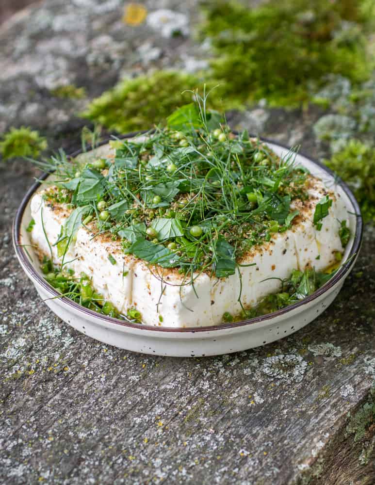 Marinated feta with golpar and green coriander