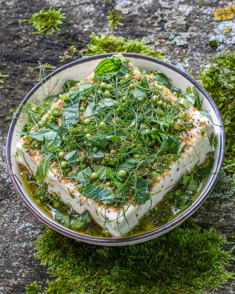 Marinated feta with golpar and green coriander 