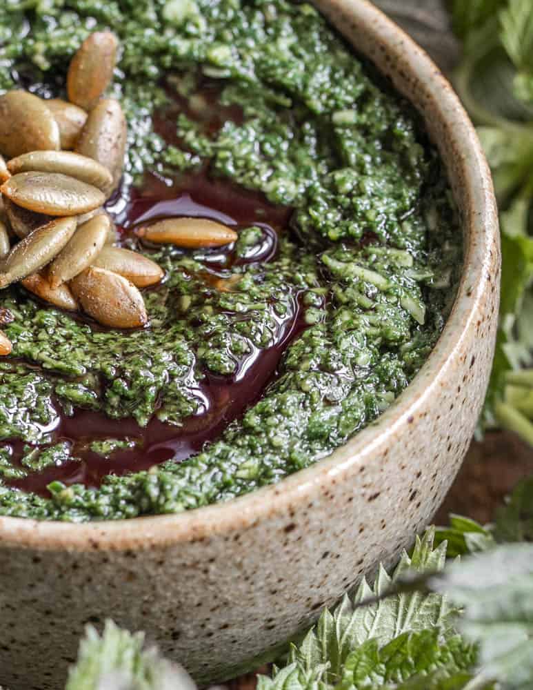 Foraged stinging nettle and pumpkinseed pesto