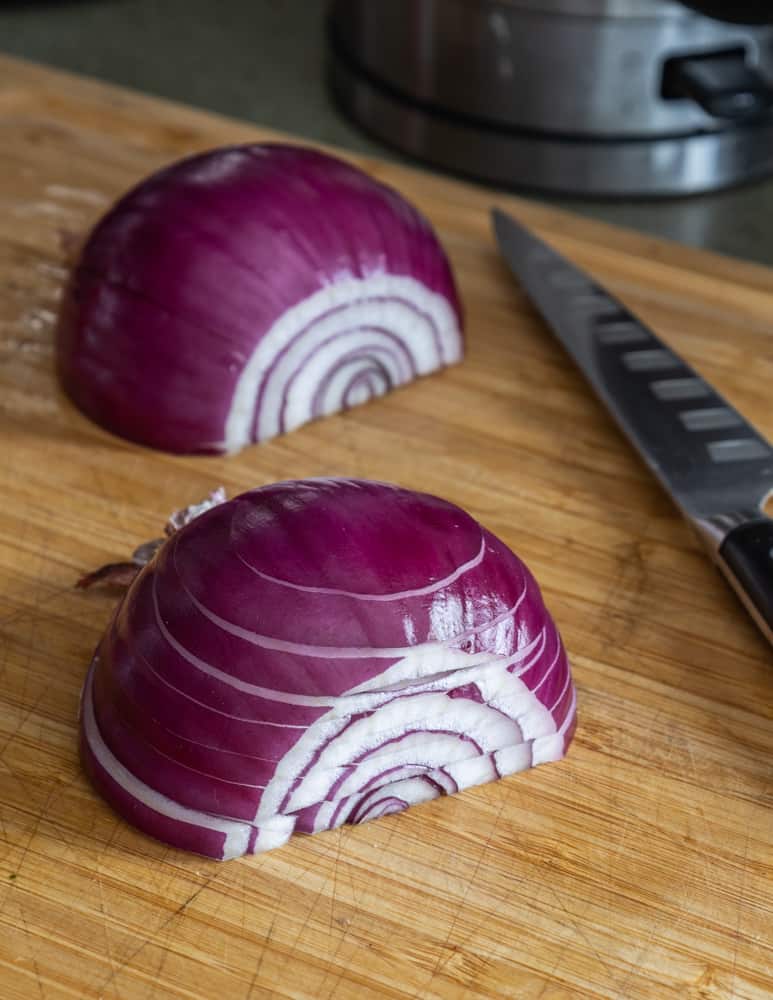 Finely dicing a red onion