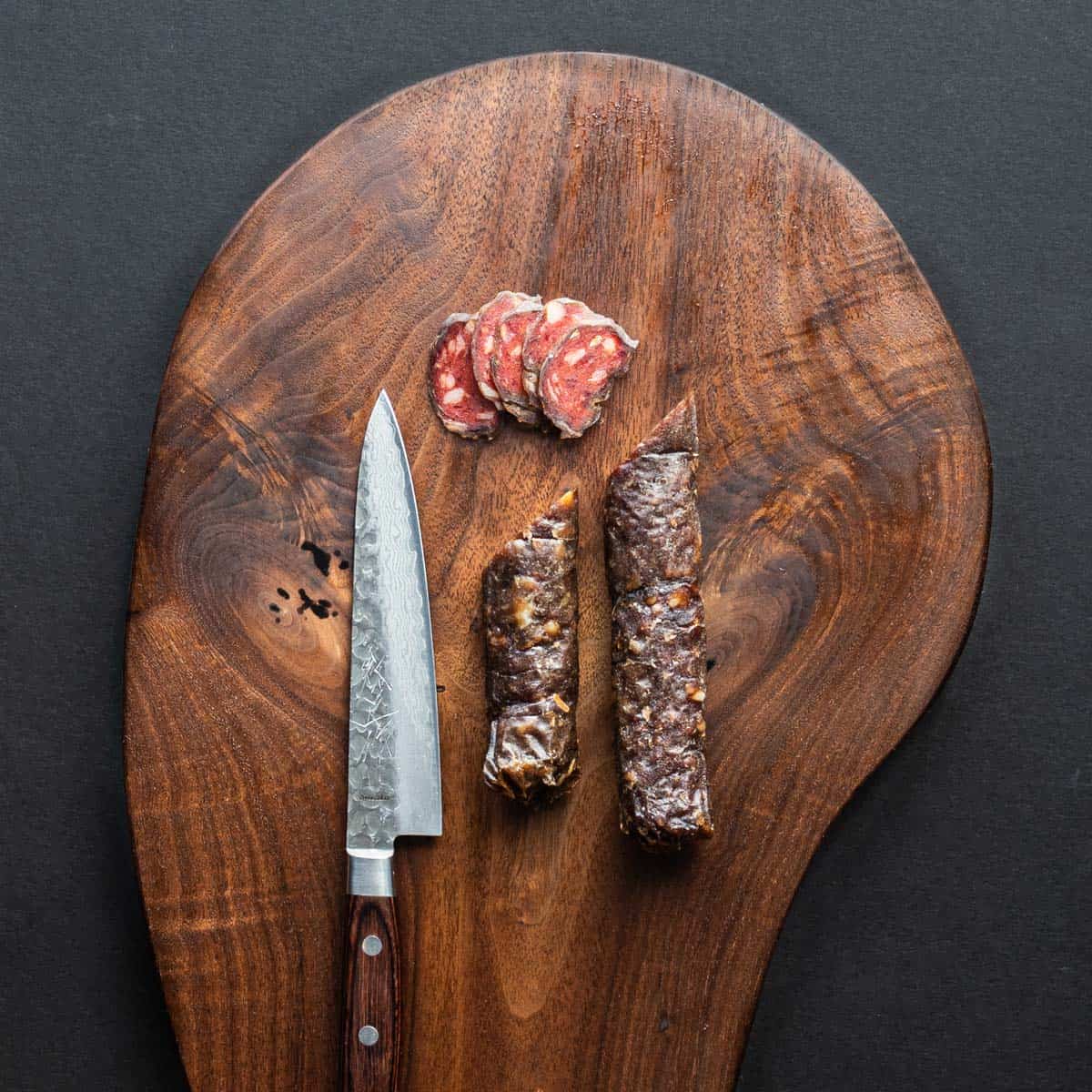 Wild Fennel Venison Salami cut with a japanese knife