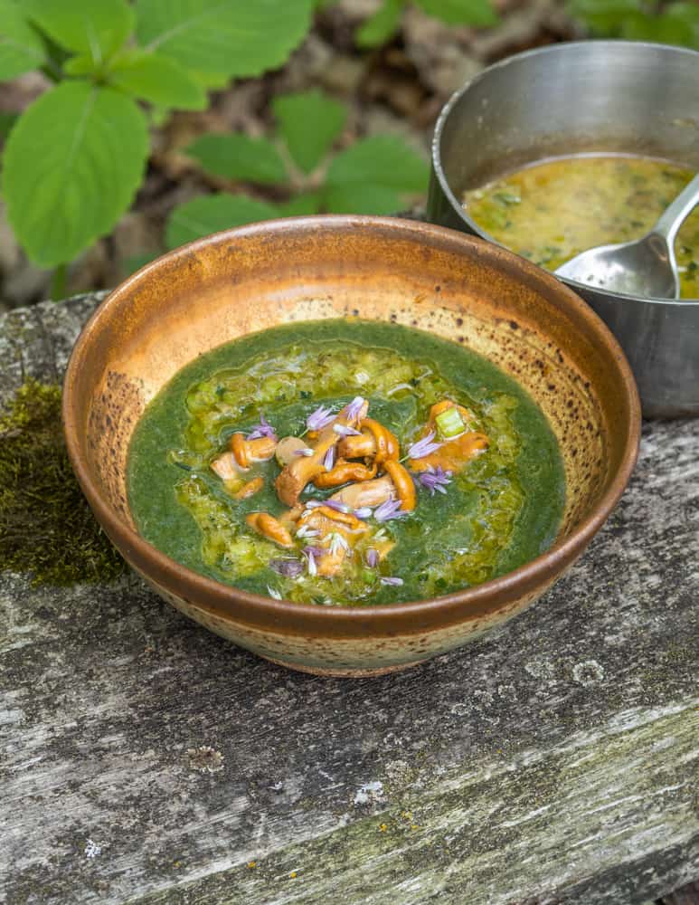 a bowl of green soup with mushrooms and butter 