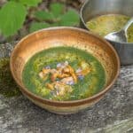 Wood nettle soup with pickled chanterelles and wild onion butter