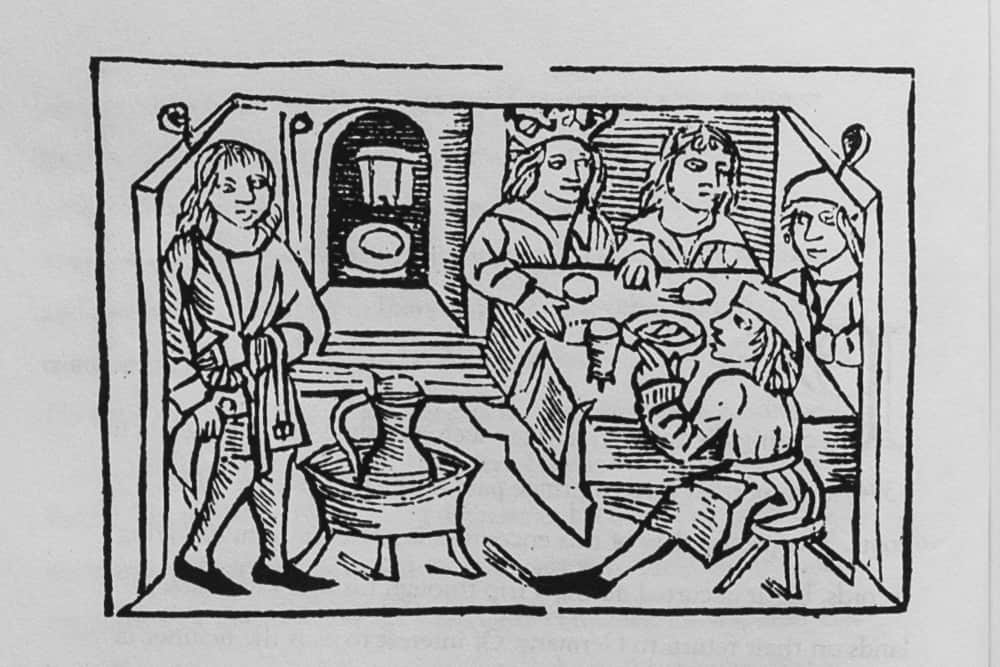 Feast wood cut, Poland, 1575 people washing hands