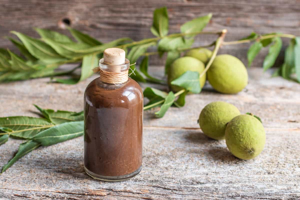 a bottle of walnut ketchup with green walnuts 