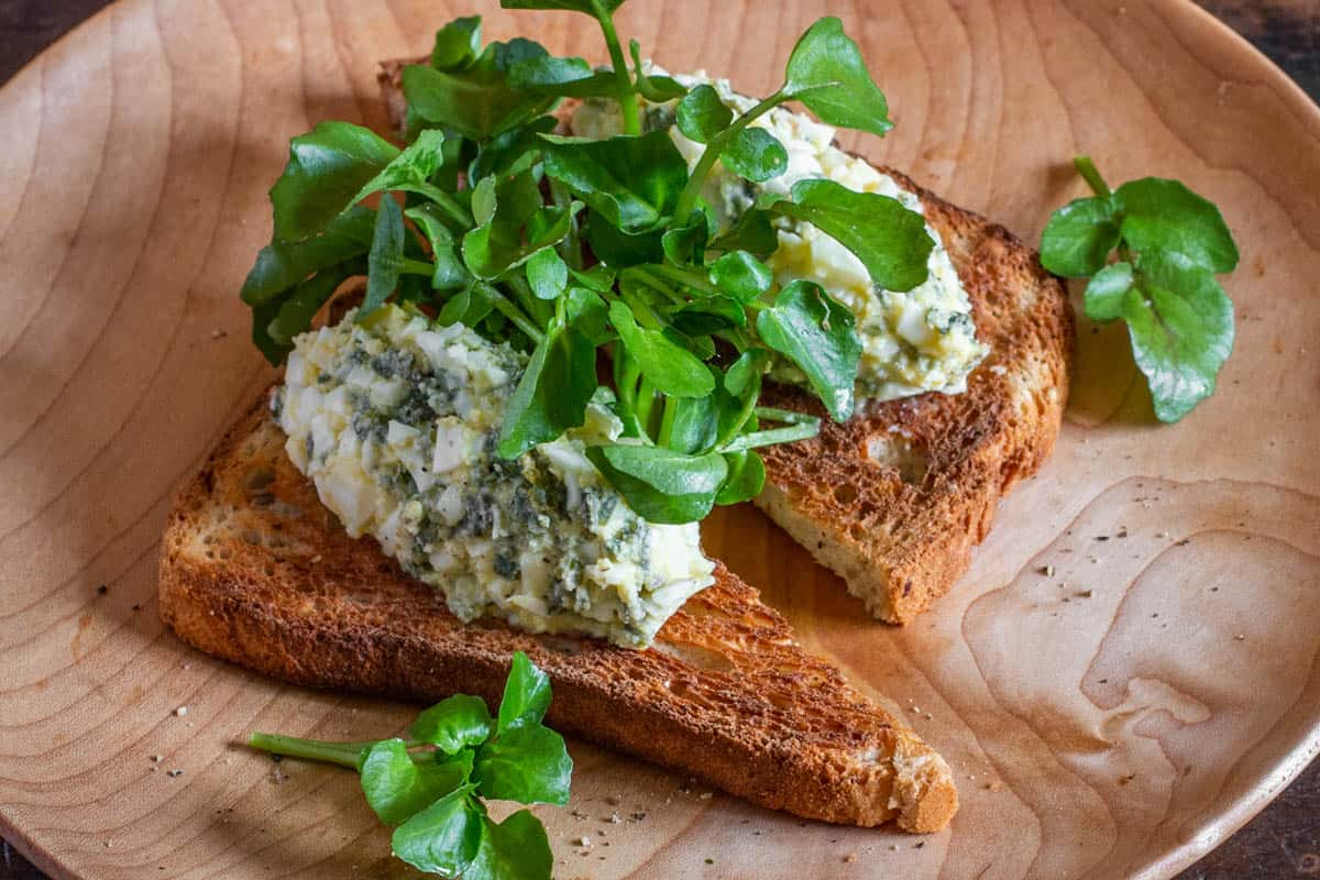 Cheremsha egg salad (Черемша) on toast with watercress 