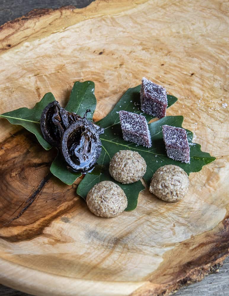 Mignardise of walnut jam, amaretti, and pate de fruits