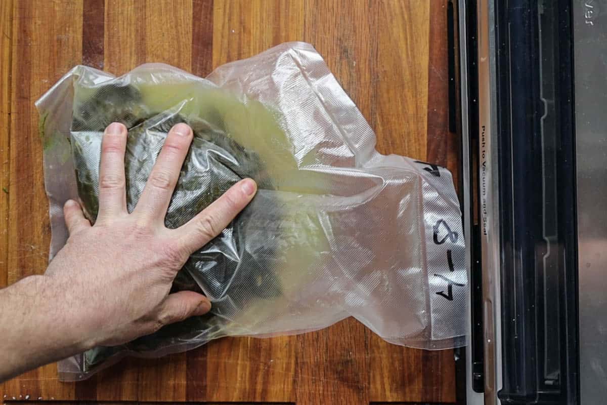 Fermenting ramp or wild garlic leaves in a vacuum bag 