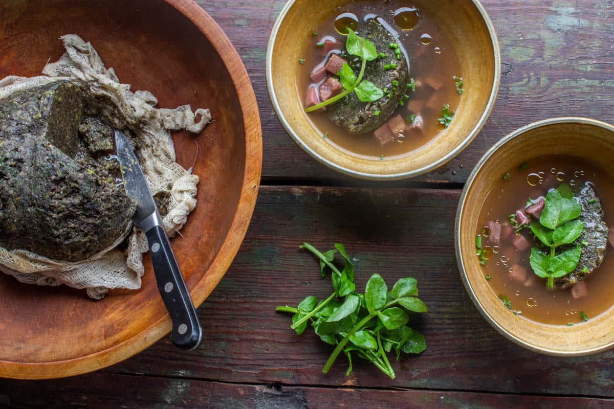 Nettle, dandelion and ramp leaf pudding 