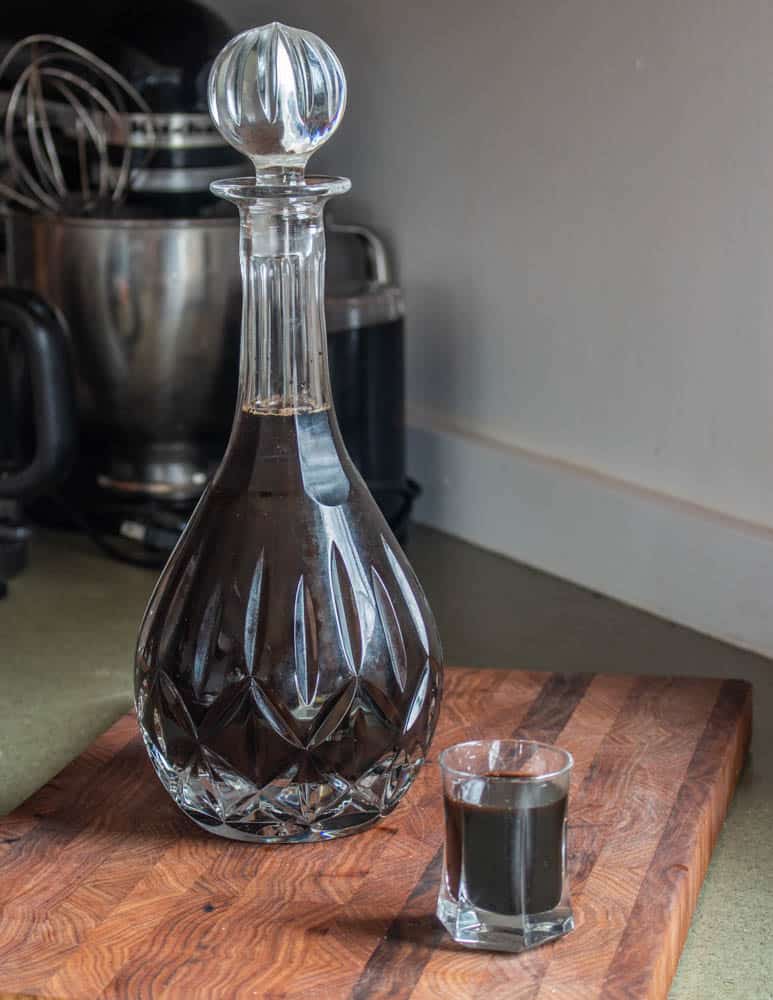 Vin de noix or Walnut Wine in a crystal decanter
