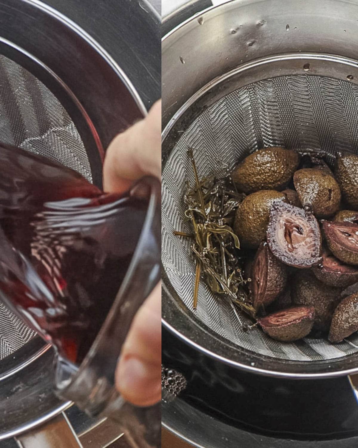 Straining the aromatics from walnut wine before aging. 