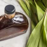 Fermented ramp leaf garum in an apothecary bottle next to ramp leaves