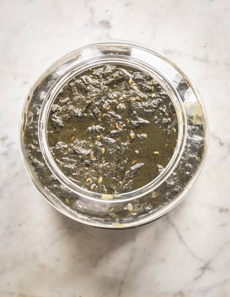 A jar of fermented ramp leaf garum after 30 days