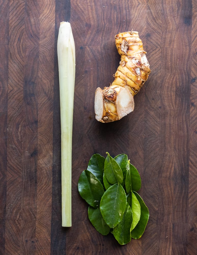 Lemongrass, galangal, and kaffir lime leaves