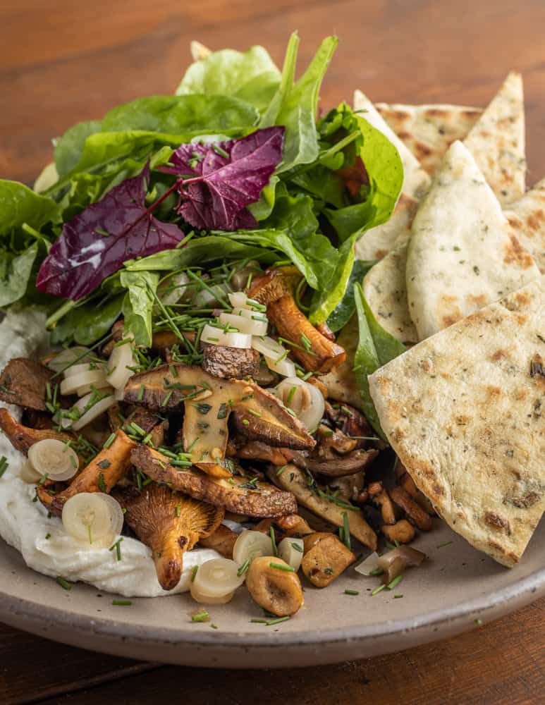 Mixed sauteed wild mushrooms with chipped cheese, flatbread and salad