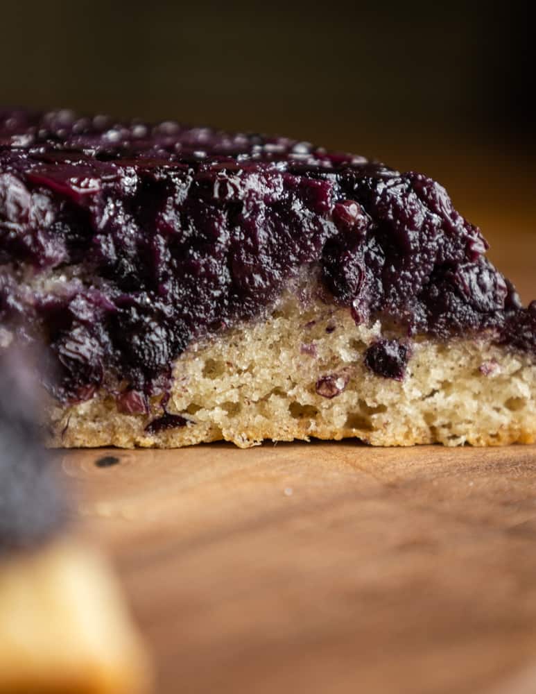 close up of wild blueberry upside-down cake