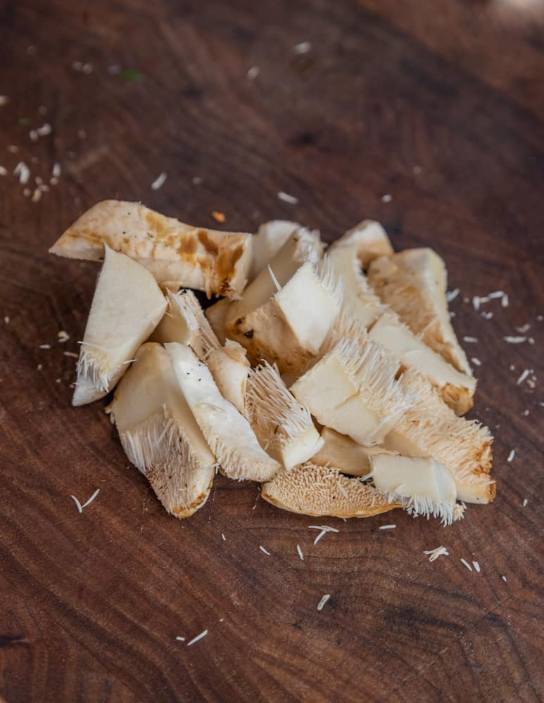 cutting up hedgehog mushrooms